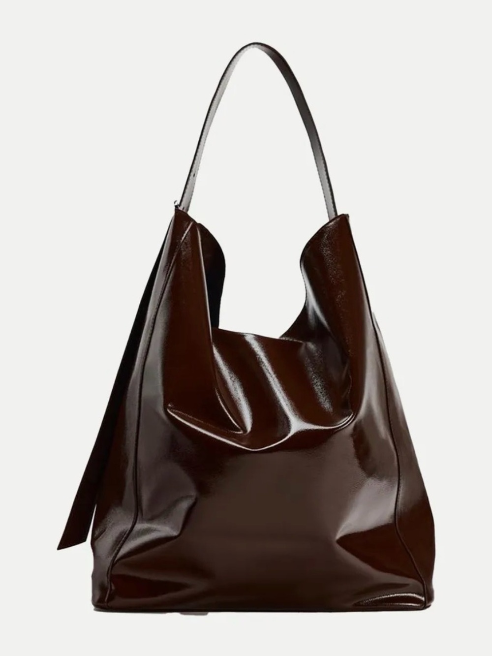 ZARA Women's Shiny Dark Brown Leather Shoulder Tote